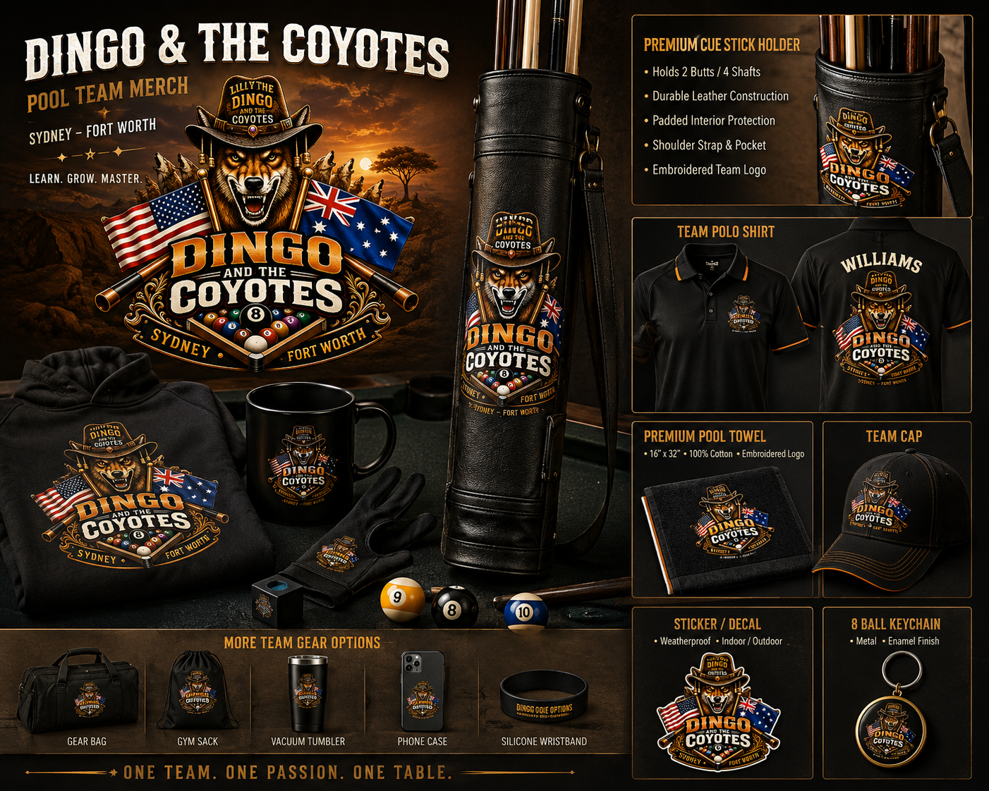Dingo and the Coyotes — brand identity applied across merchandise: polo shirts, cue case, cap, towel, gear bag and more