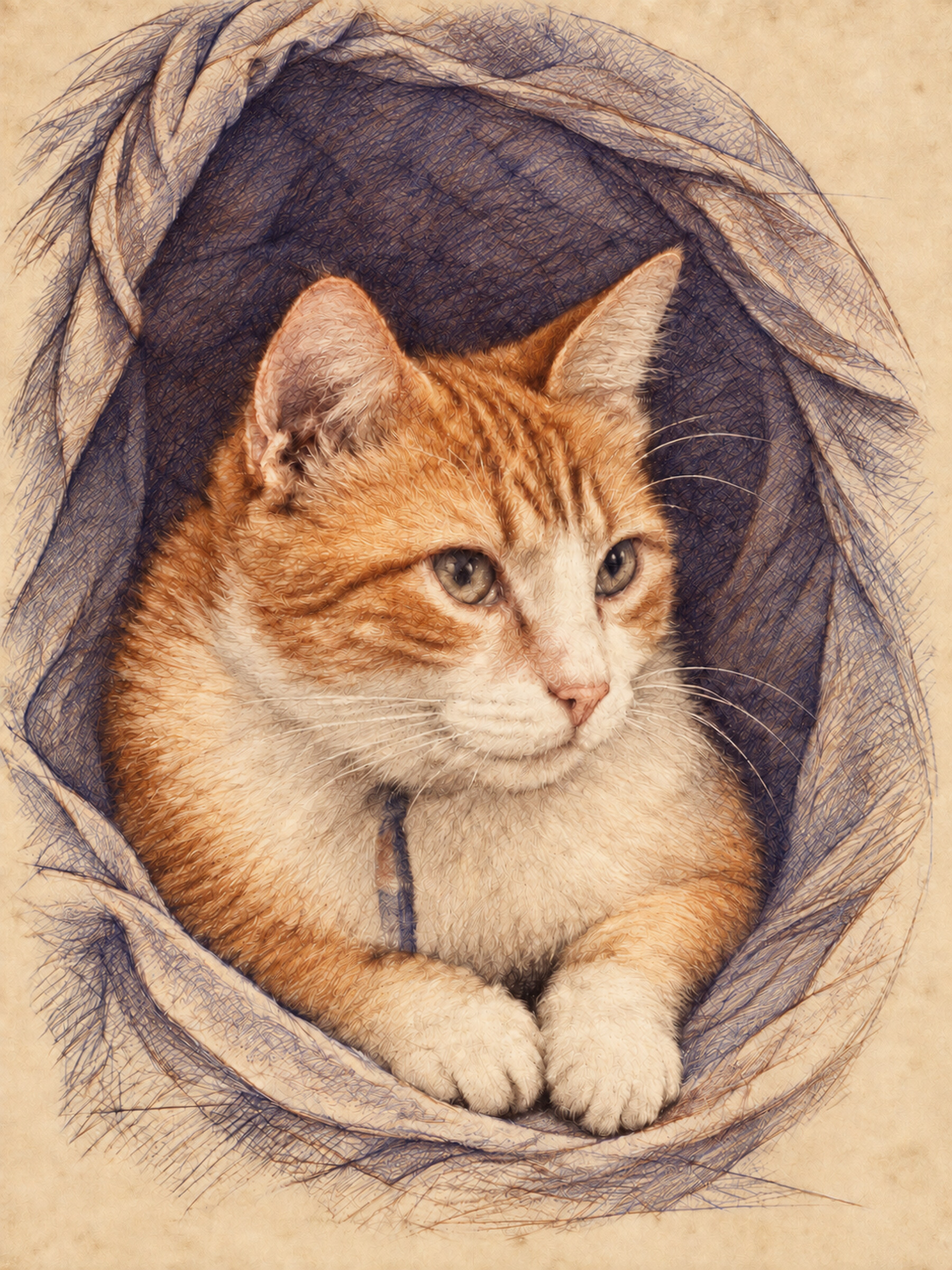 Peaches study with cobalt and warm color merged into a violet tunnel