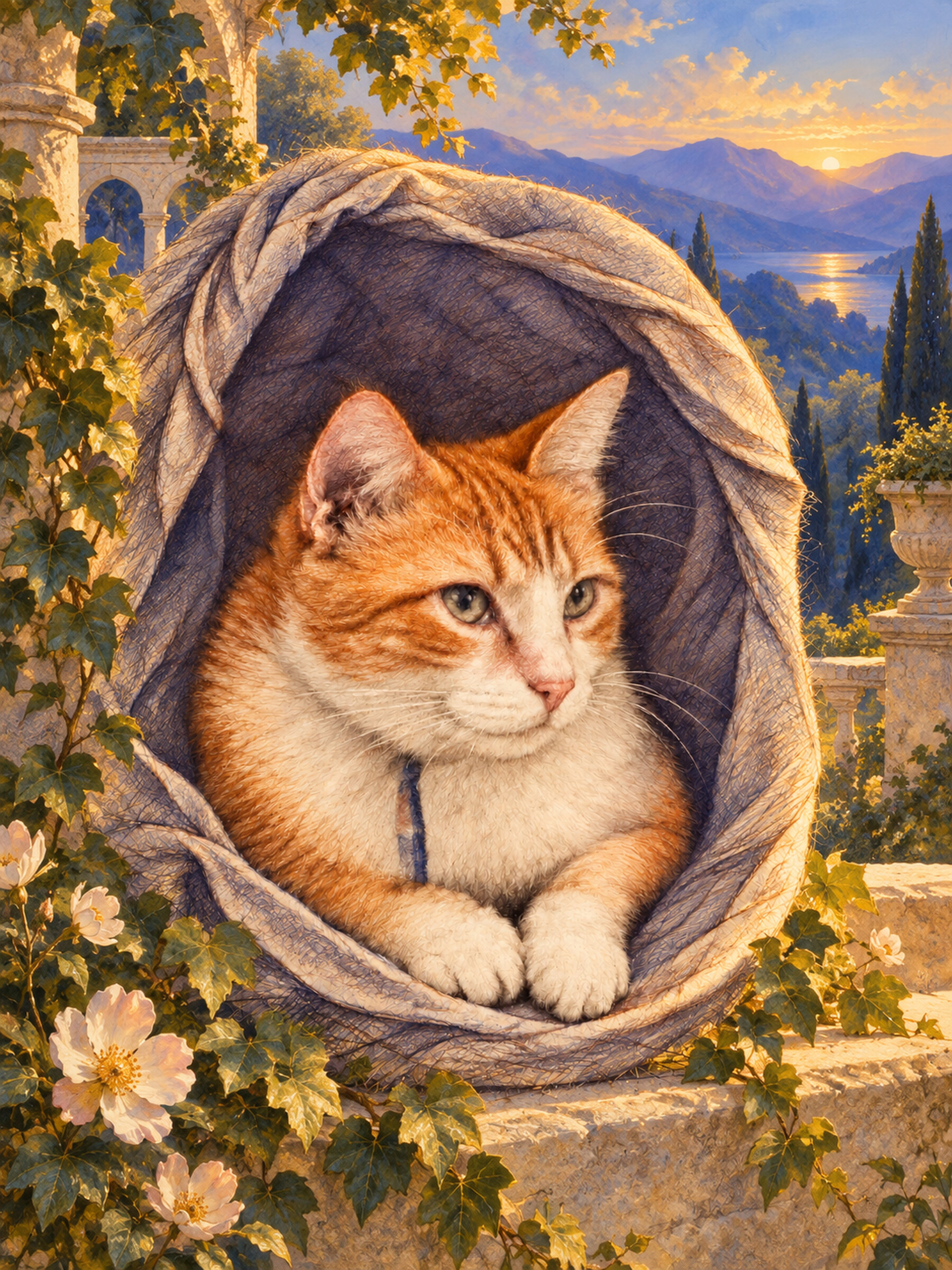 Peaches placed within a luminous imaginative landscape environment