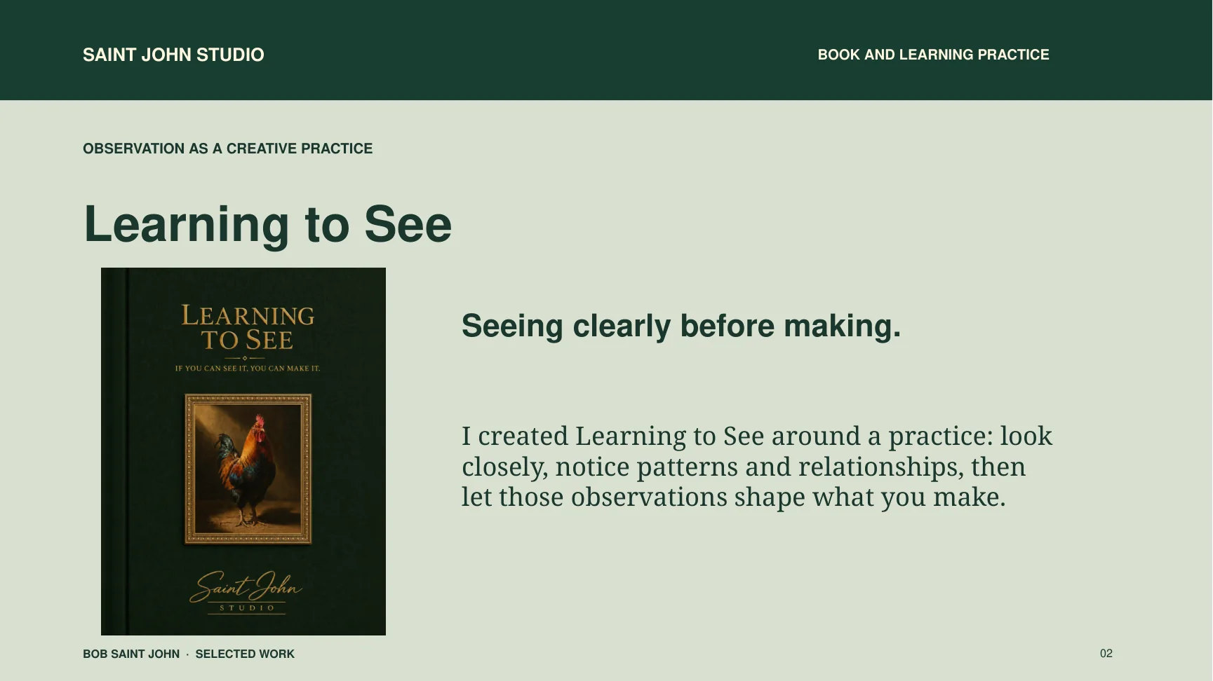 Learning to See portfolio page with the book cover and a short statement about observation