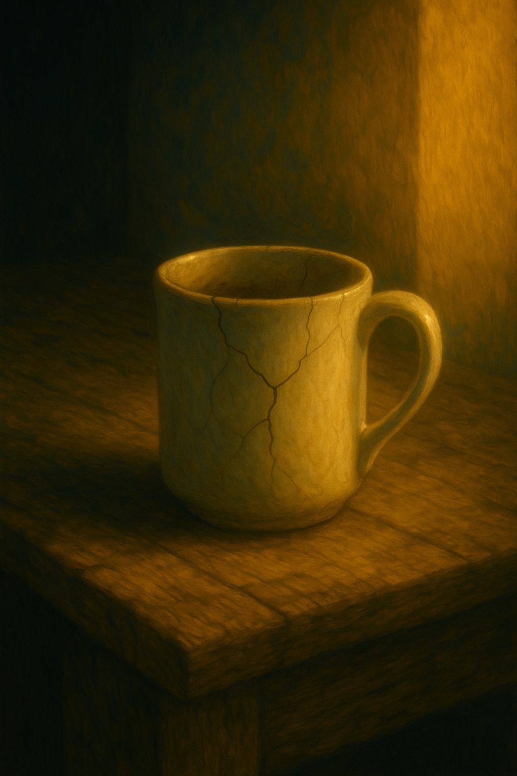 Cracked cup in warm light
