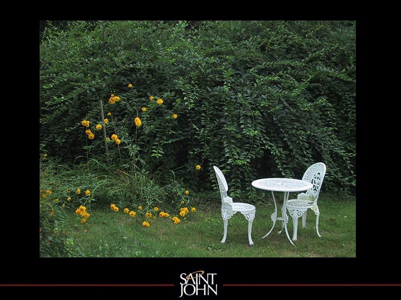White garden table and chairs in a quiet garden
