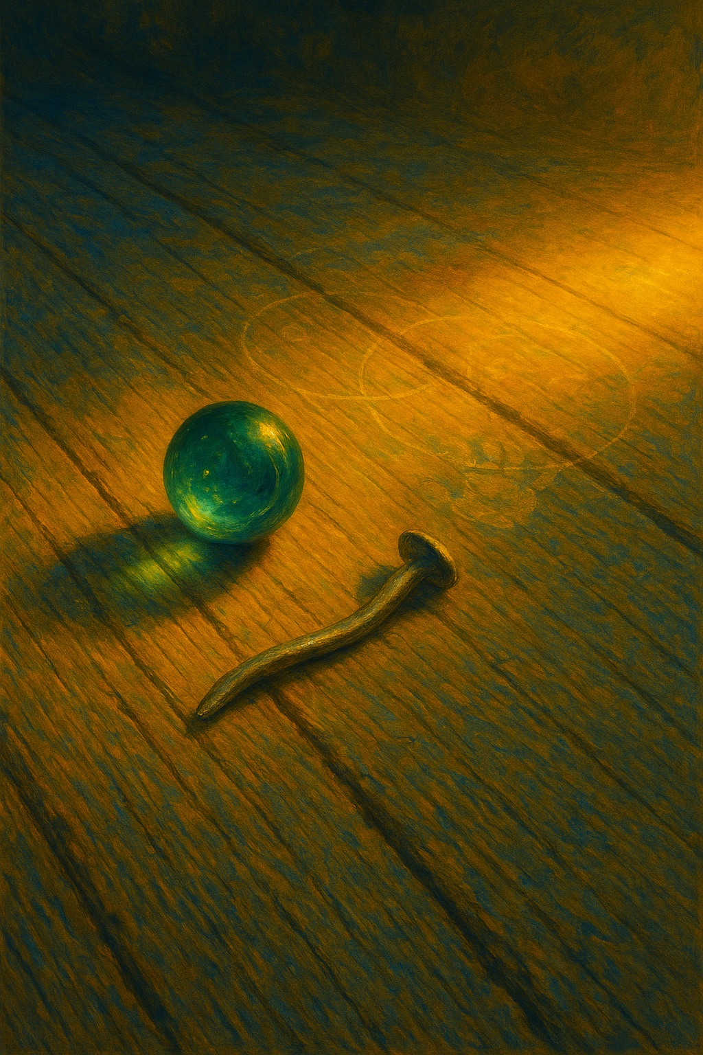 Green marble and bent nail