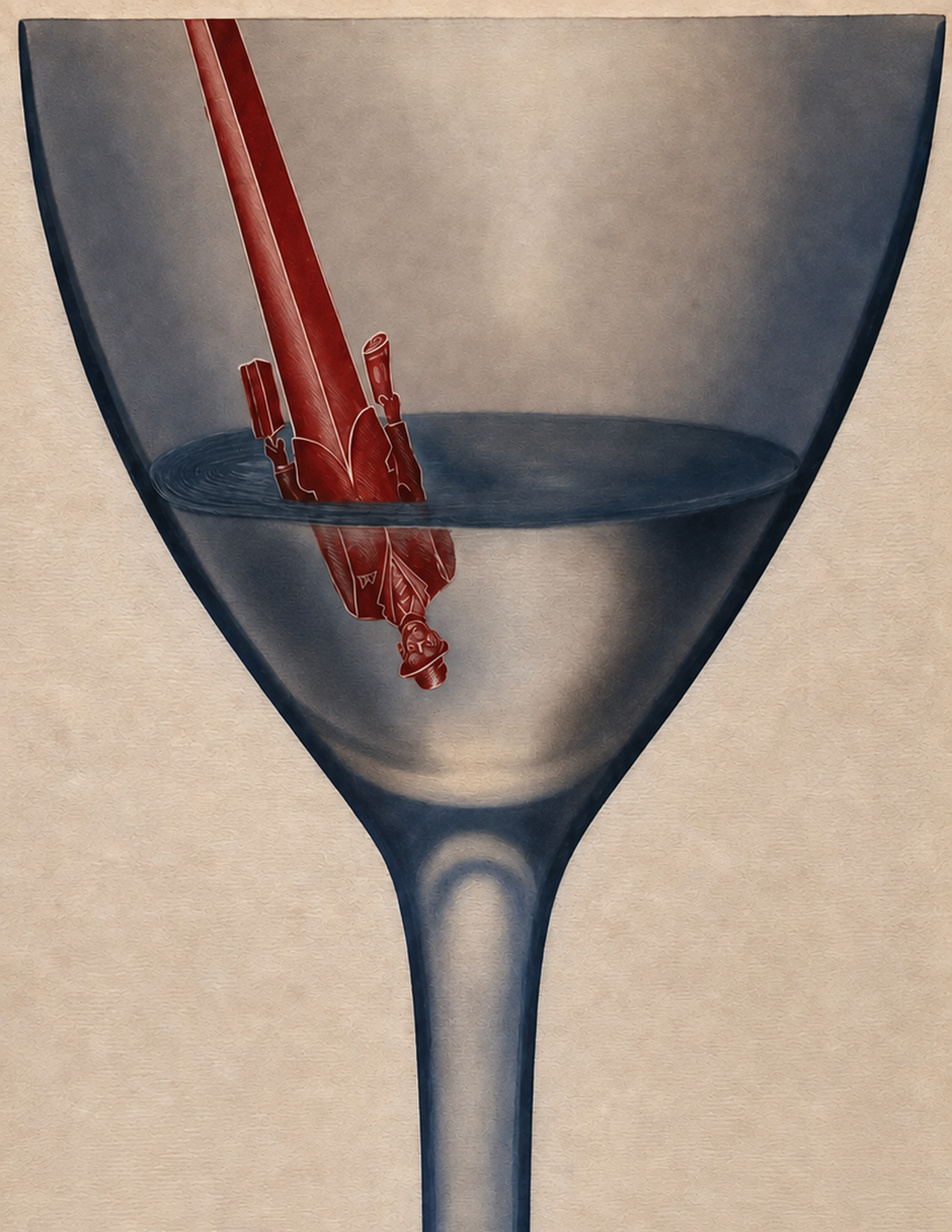 The Bottom of the Glass, an editorial illustration of a falling figure and its original red swizzle stick with restored dimensional lighting