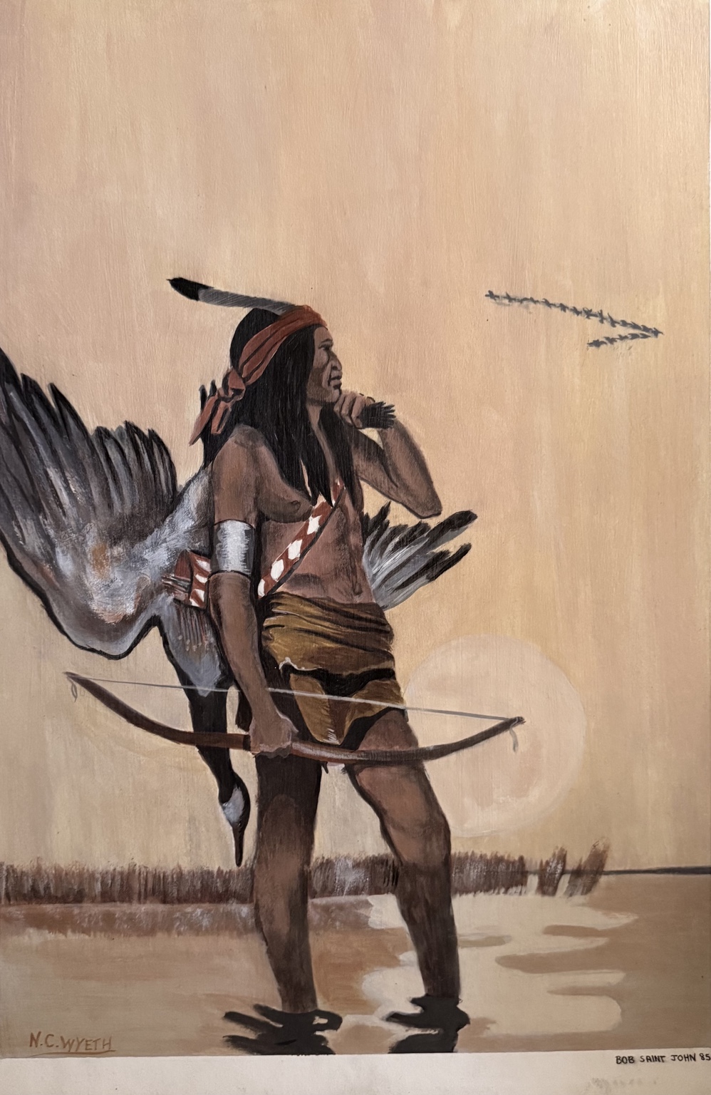 Narrative illustration of a warrior with shield and bow, created in homage to N. C. Wyeth