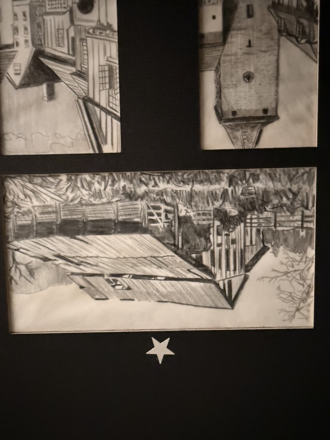 Board of three Portsmouth architectural sketches
