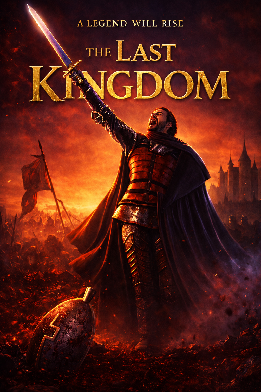 The Last Kingdom movie-poster illustration with warrior raising a sword