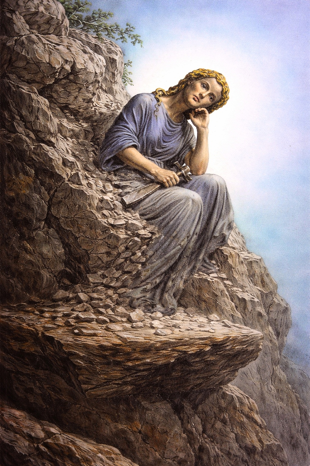 Illustration of a woman carving herself from the side of a mountain