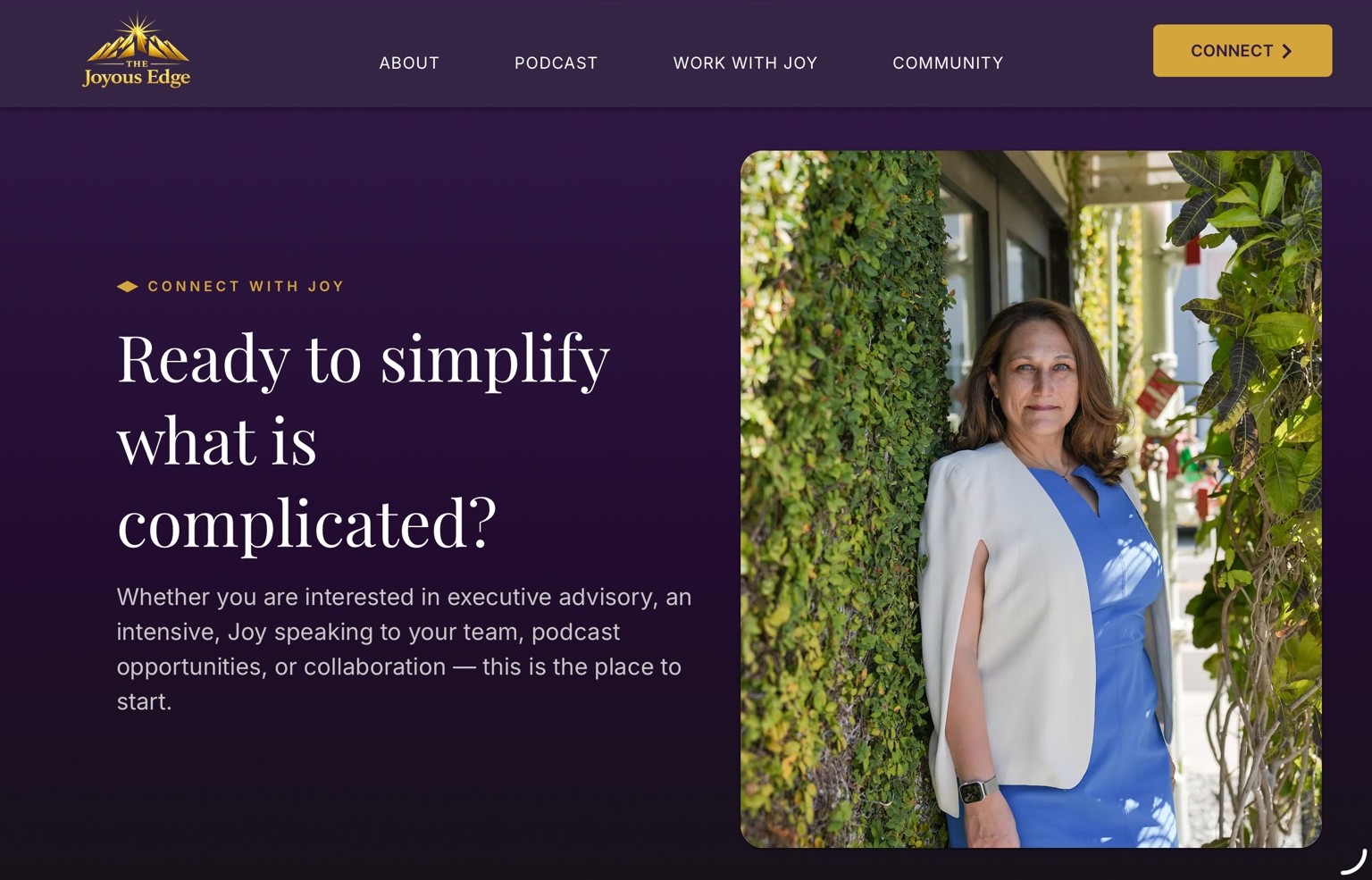 Current The Joyous Edge Connect page with purple and gold visual system