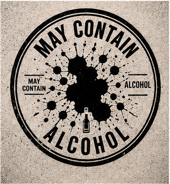 Black and white graphic interpretation of the May Contain Alcohol mark