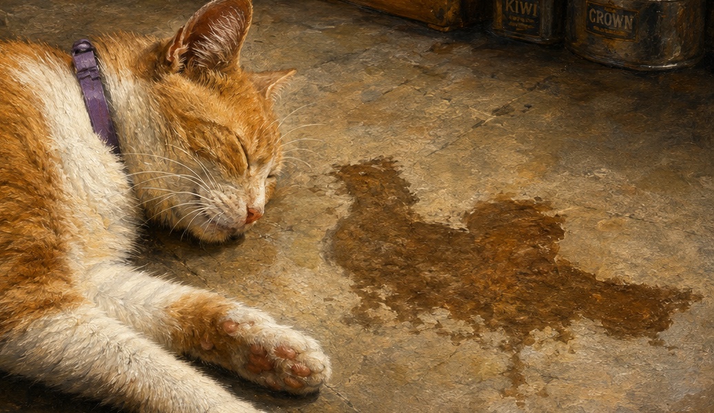 Painting of Peaches beside the chicken stain